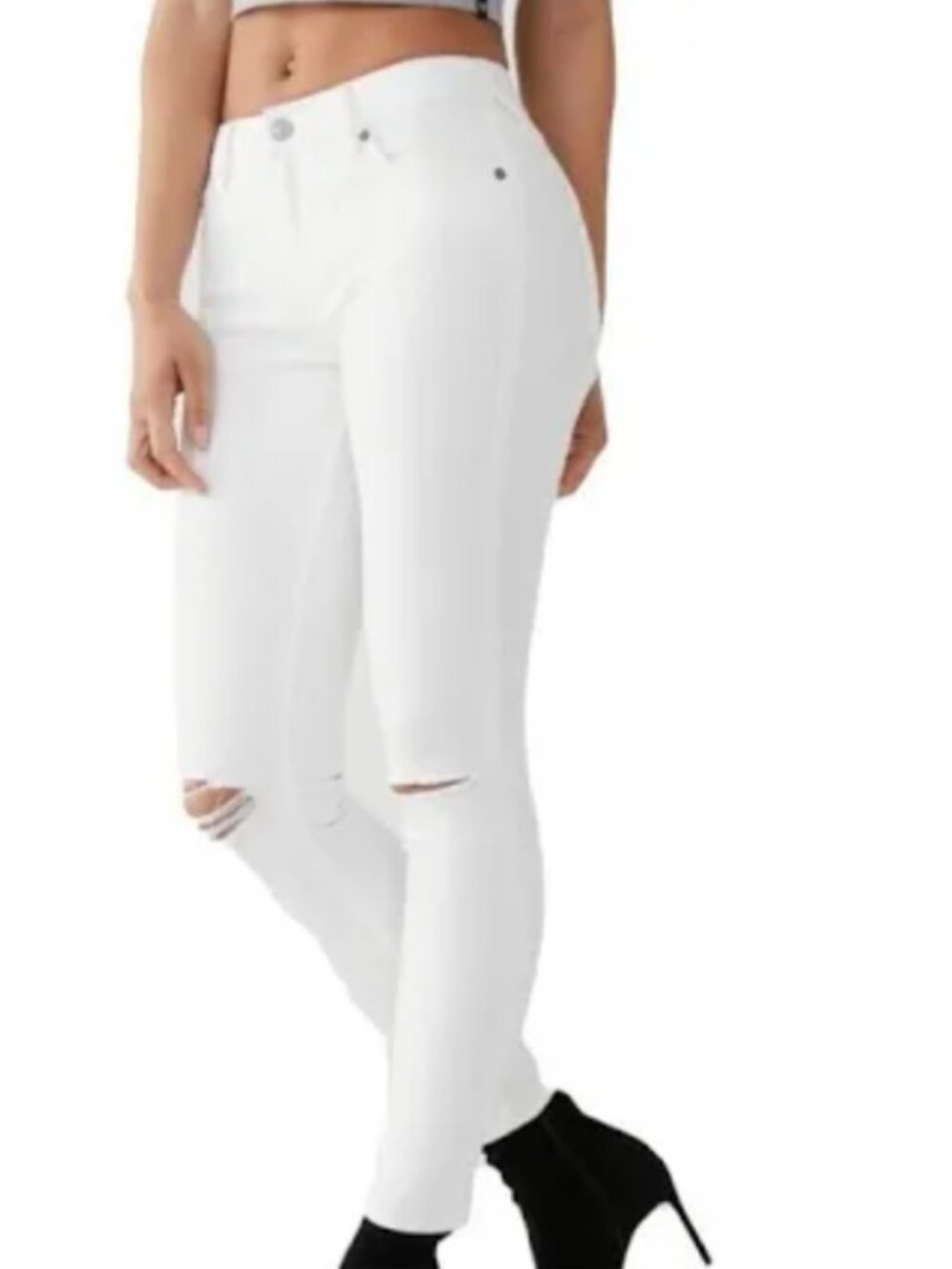 True Religion Jennie Mid Rise Super Skinny Destroyed Knees White SIZE 34 NWT